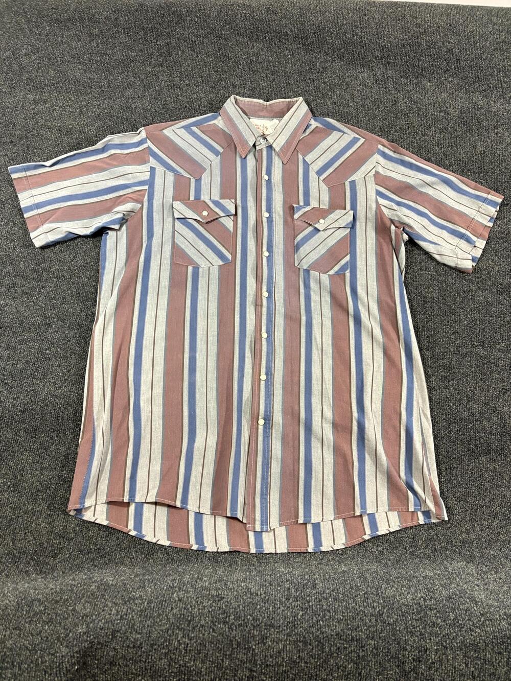 Vintage Saddle King Shirt Mens XLT Brown Stripe Short Sleeve Western Snap